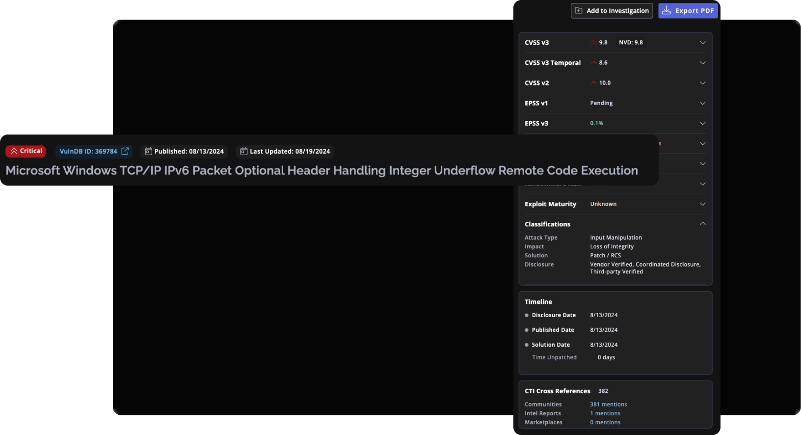 Flashpoint - Add Investigation section section and Vulnerabilities Microsoft Windows TCP/IP