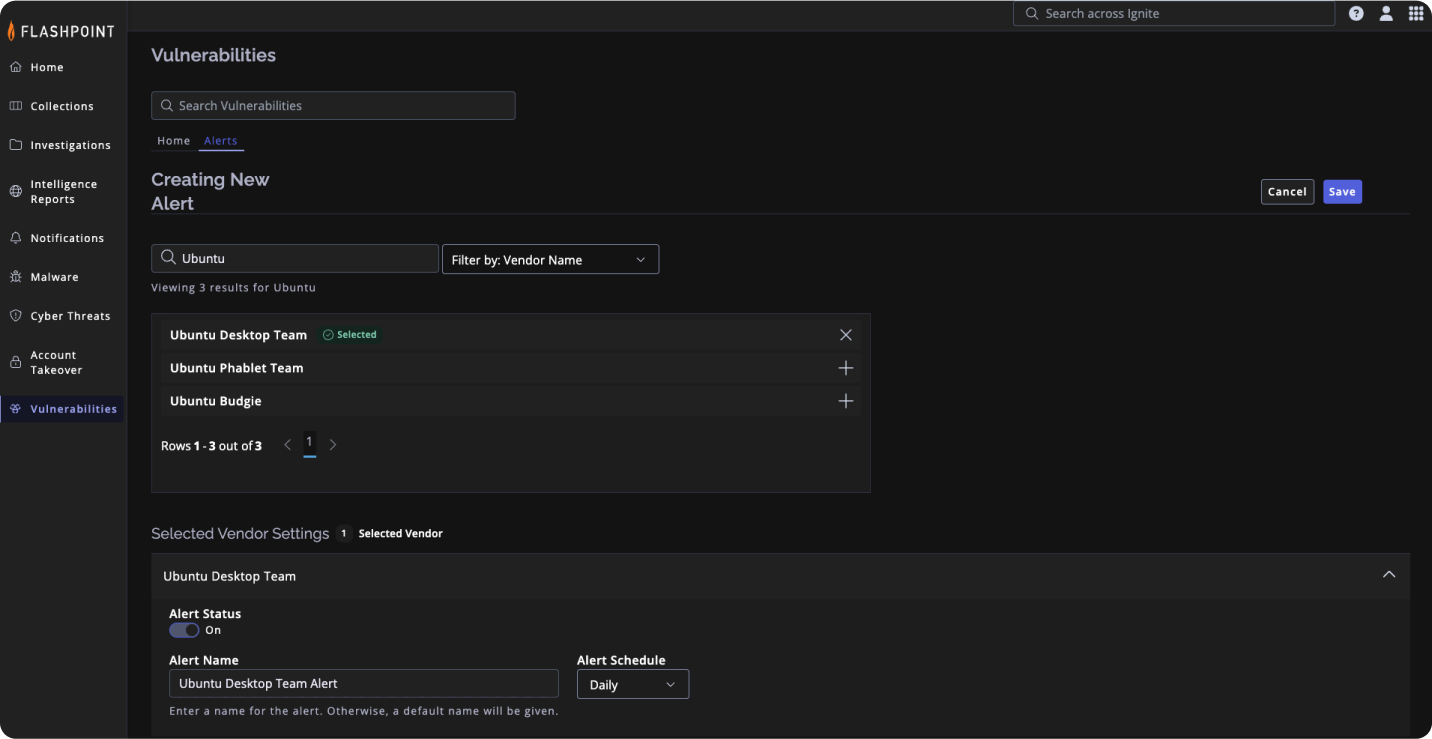 Flahspoint - Vulnerabilites section - Creating New alert page